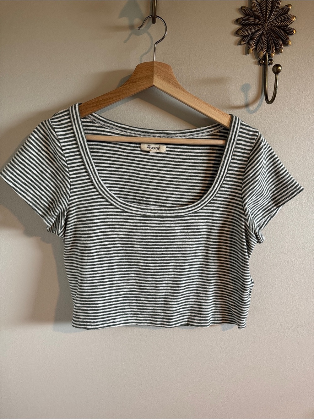 Madewell Olive & White Striped Scoop Neck Crop Top